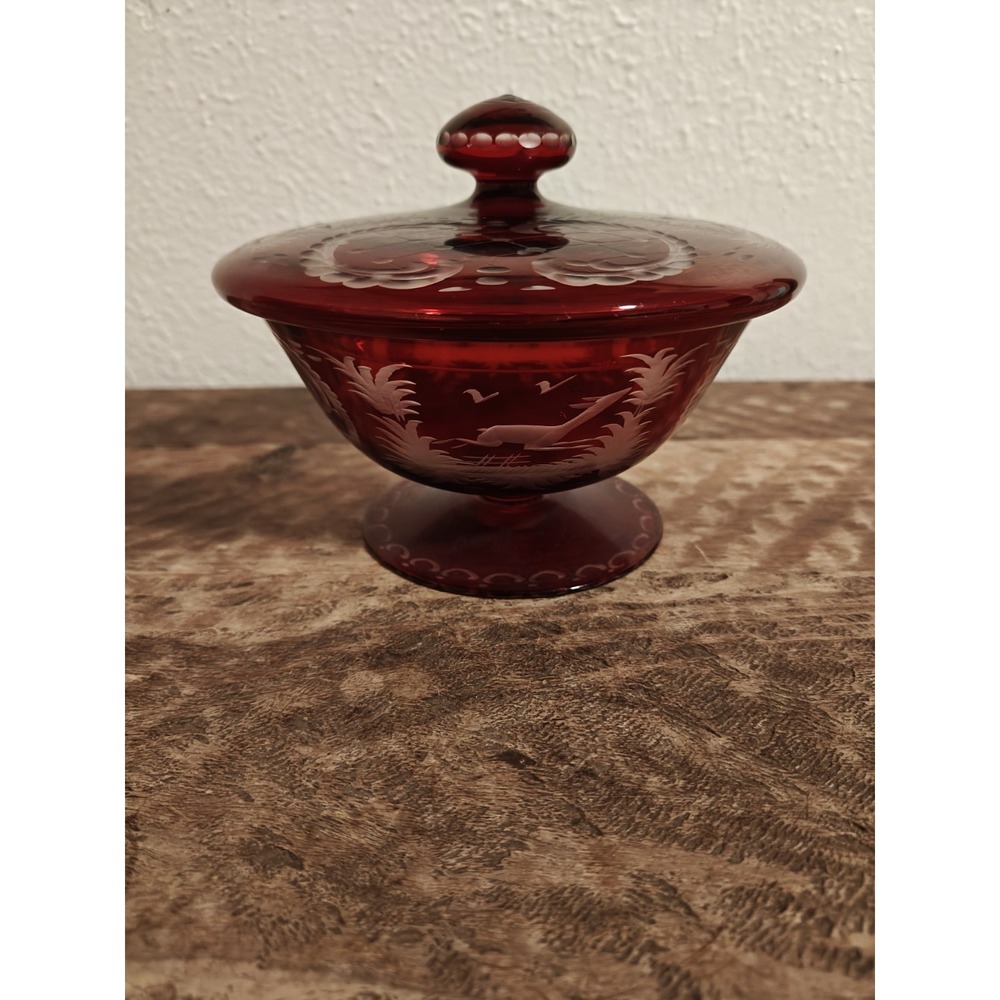 VINTAGE BOHEMIAN EGERMANN  CANDY JAR RUBY CUT TO CLEAR DEER MOTIF